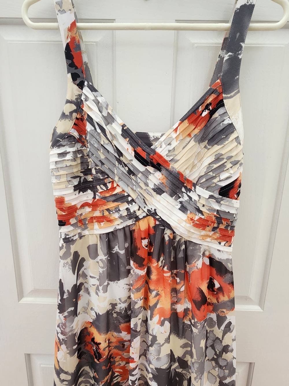 Sleeveless Floral Pleated Bodice Maxi Dress — Orange, Gray, Cream